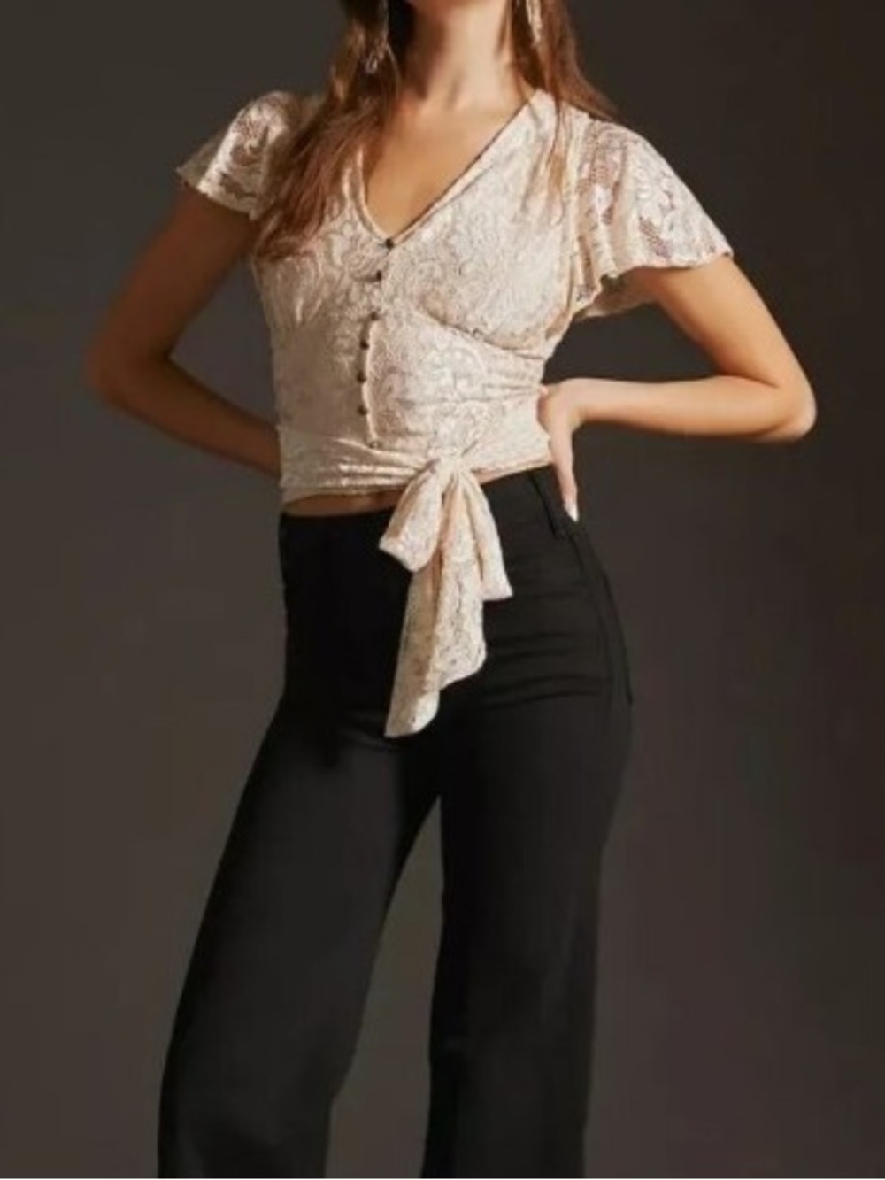 Anthropologie Cream Lace Button-Front Crop Top